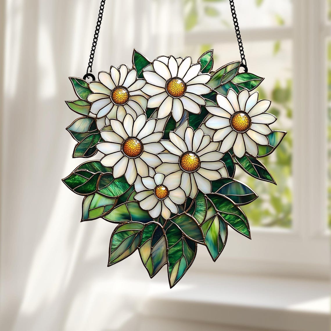 Daisy Flower Acrylic 2D FLAT Suncatcher – Faux Stained Glass Window Hanging with White Petals and Green Leaves