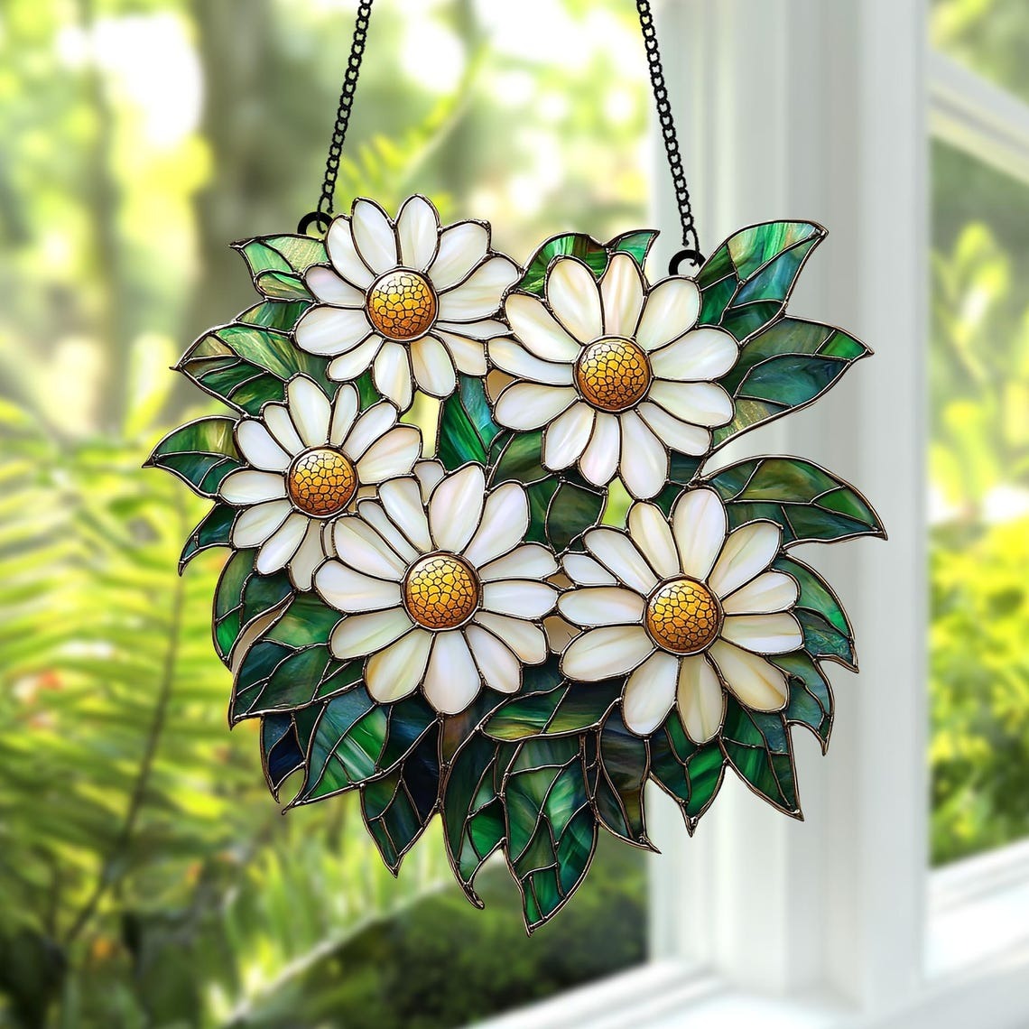 Daisy Flower Acrylic 2D FLAT Suncatcher – Faux Stained Glass Window Hanging with White Petals and Green Leaves