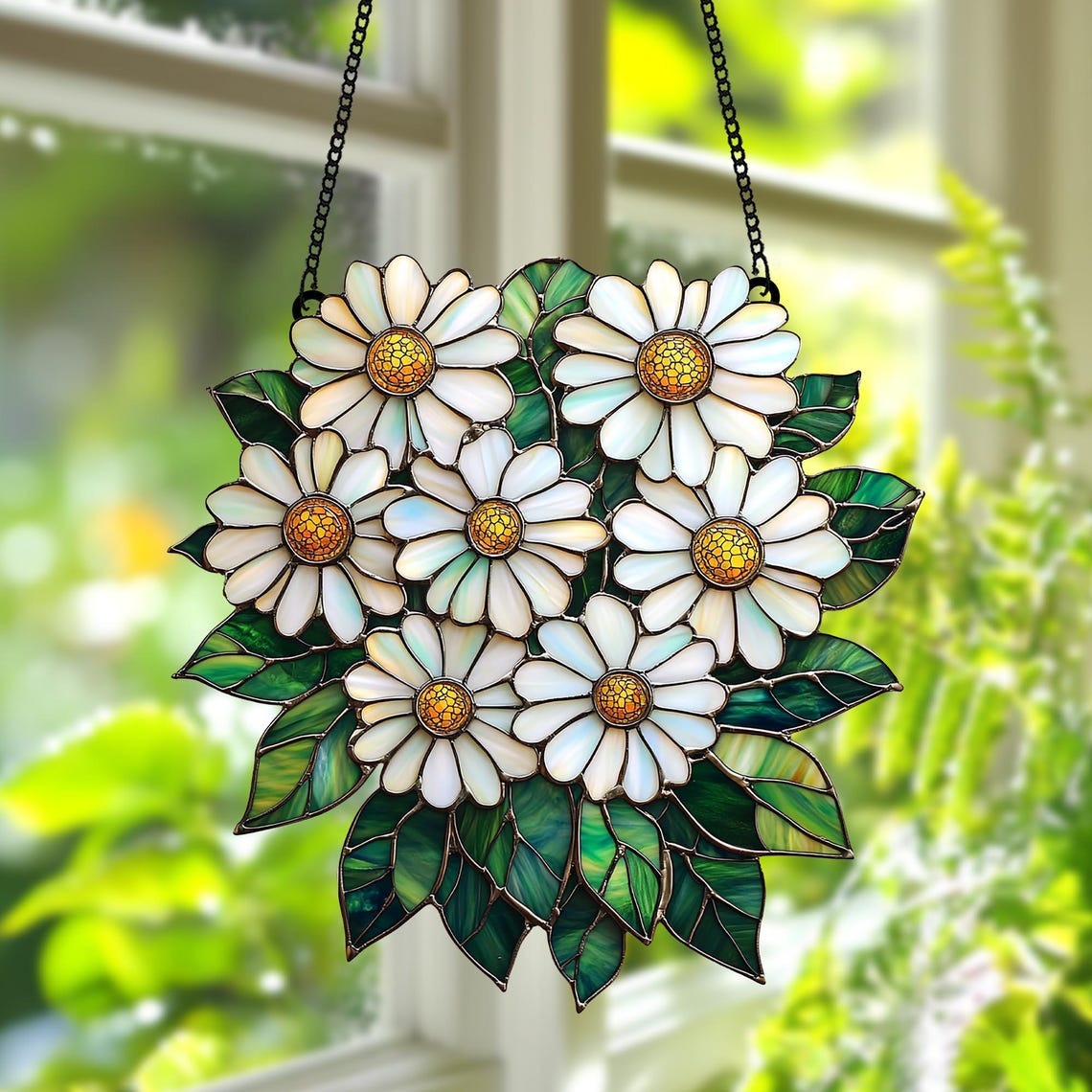 Daisy Flower Acrylic 2D FLAT Suncatcher – Faux Stained Glass Window Hanging with White Petals and Green Leaves