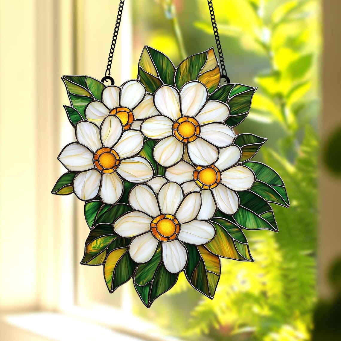 Daisy Flower Acrylic 2D FLAT Suncatcher – Faux Stained Glass Window Hanging with White Petals and Green Leaves