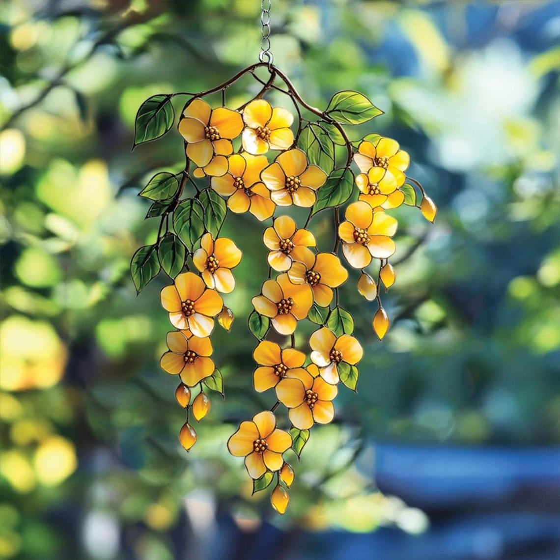 Cascading Yellow Flower Acrylic Suncatcher – Faux Stained Glass Window Hanging with Green Leaves, Sunny Garden Decor for Floral Lovers