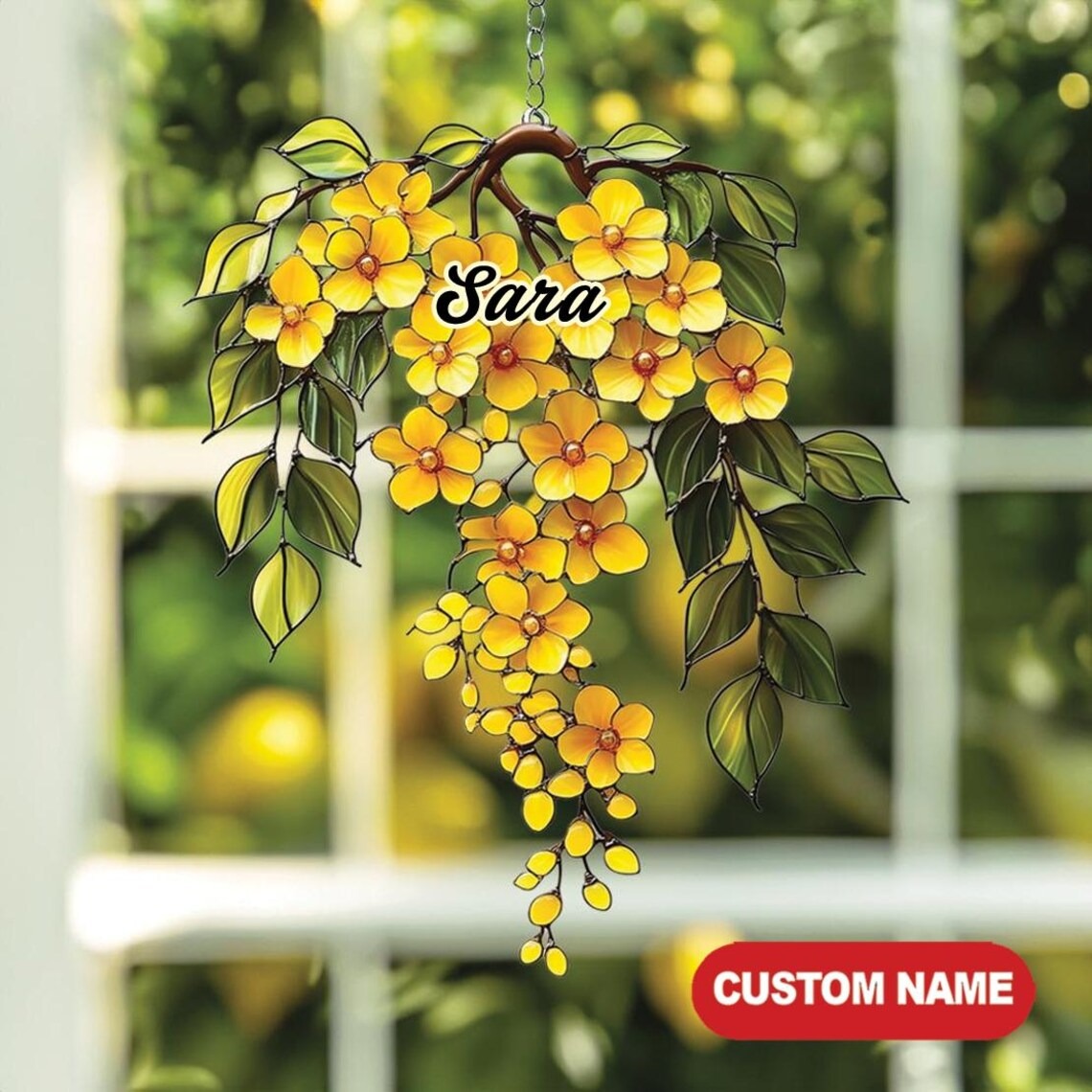 Cascading Yellow Flower Acrylic Suncatcher – Faux Stained Glass Window Hanging with Green Leaves, Sunny Garden Decor for Floral Lovers