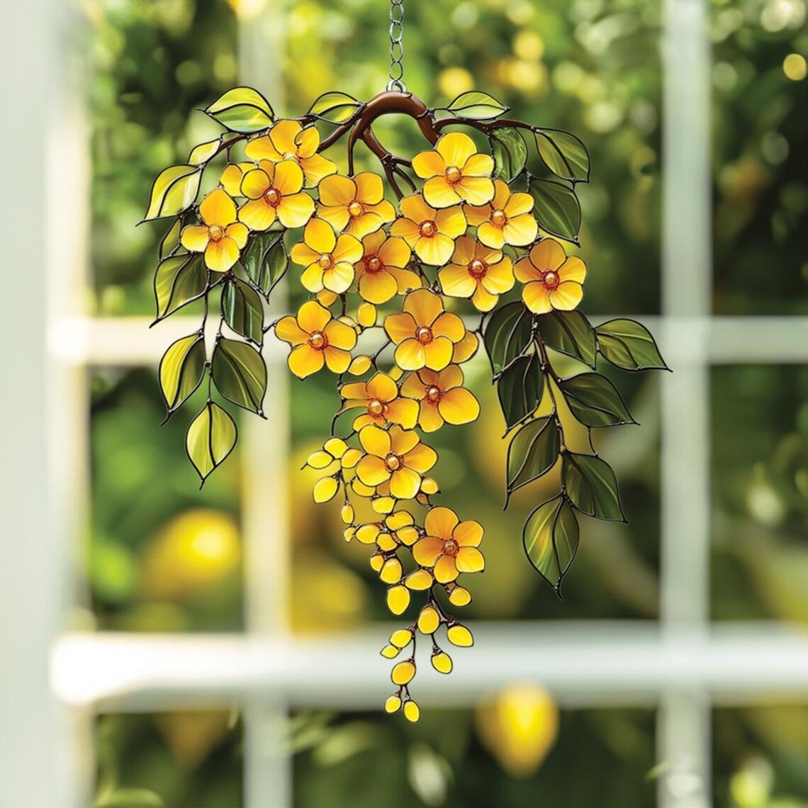 Cascading Yellow Flower Acrylic Suncatcher – Faux Stained Glass Window Hanging with Green Leaves, Sunny Garden Decor for Floral Lovers