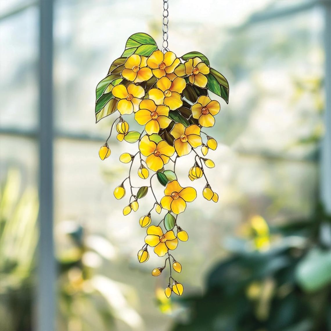 Cascading Yellow Flower Acrylic Suncatcher – Faux Stained Glass Window Hanging with Green Leaves, Sunny Garden Decor for Floral Lovers