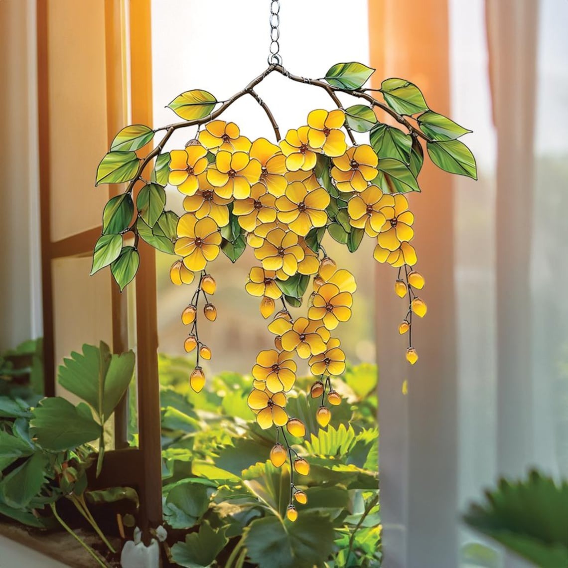 Cascading Yellow Flower Acrylic Suncatcher – Faux Stained Glass Window Hanging with Green Leaves, Sunny Garden Decor for Floral Lovers