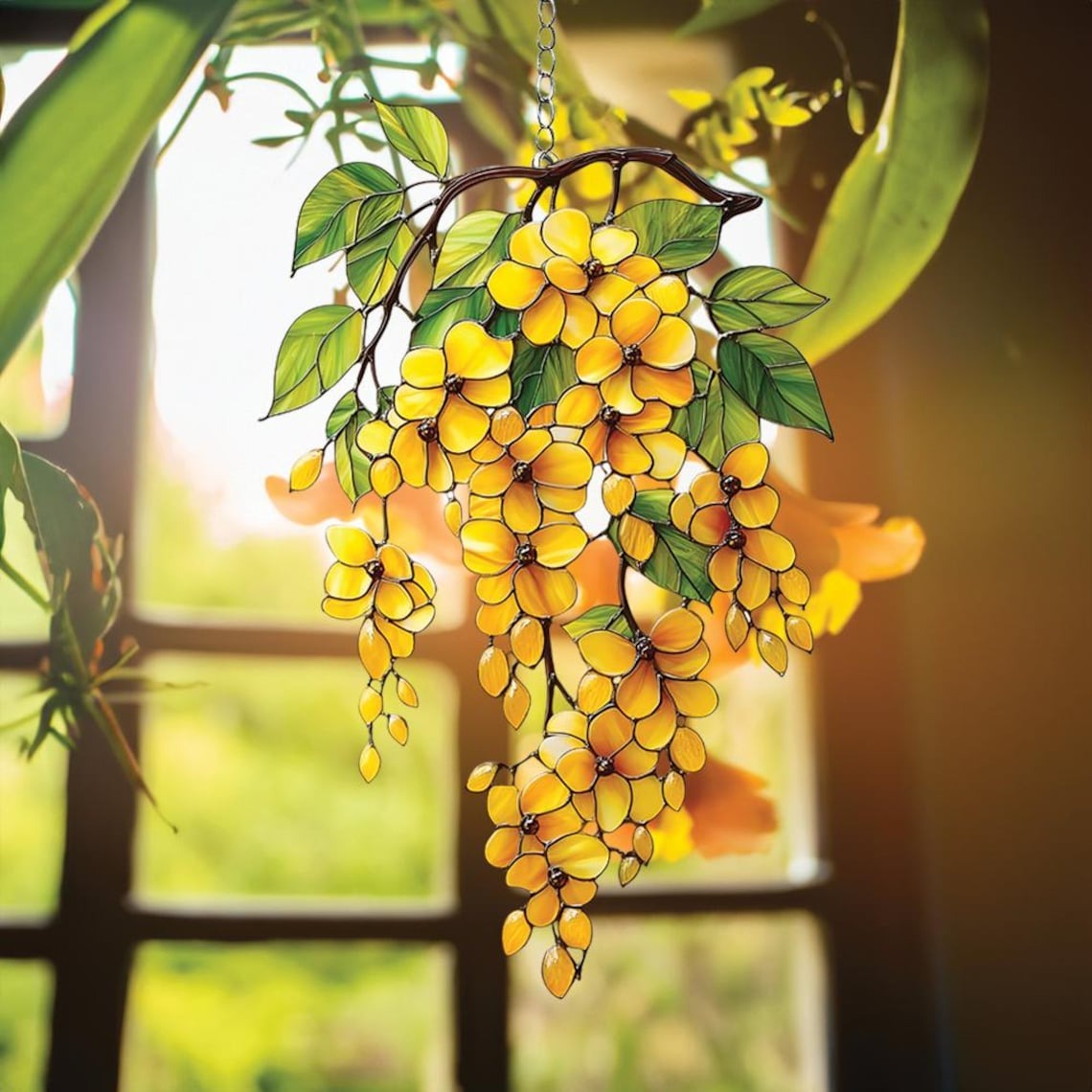 Cascading Yellow Flower Acrylic Suncatcher – Faux Stained Glass Window Hanging with Green Leaves, Sunny Garden Decor for Floral Lovers