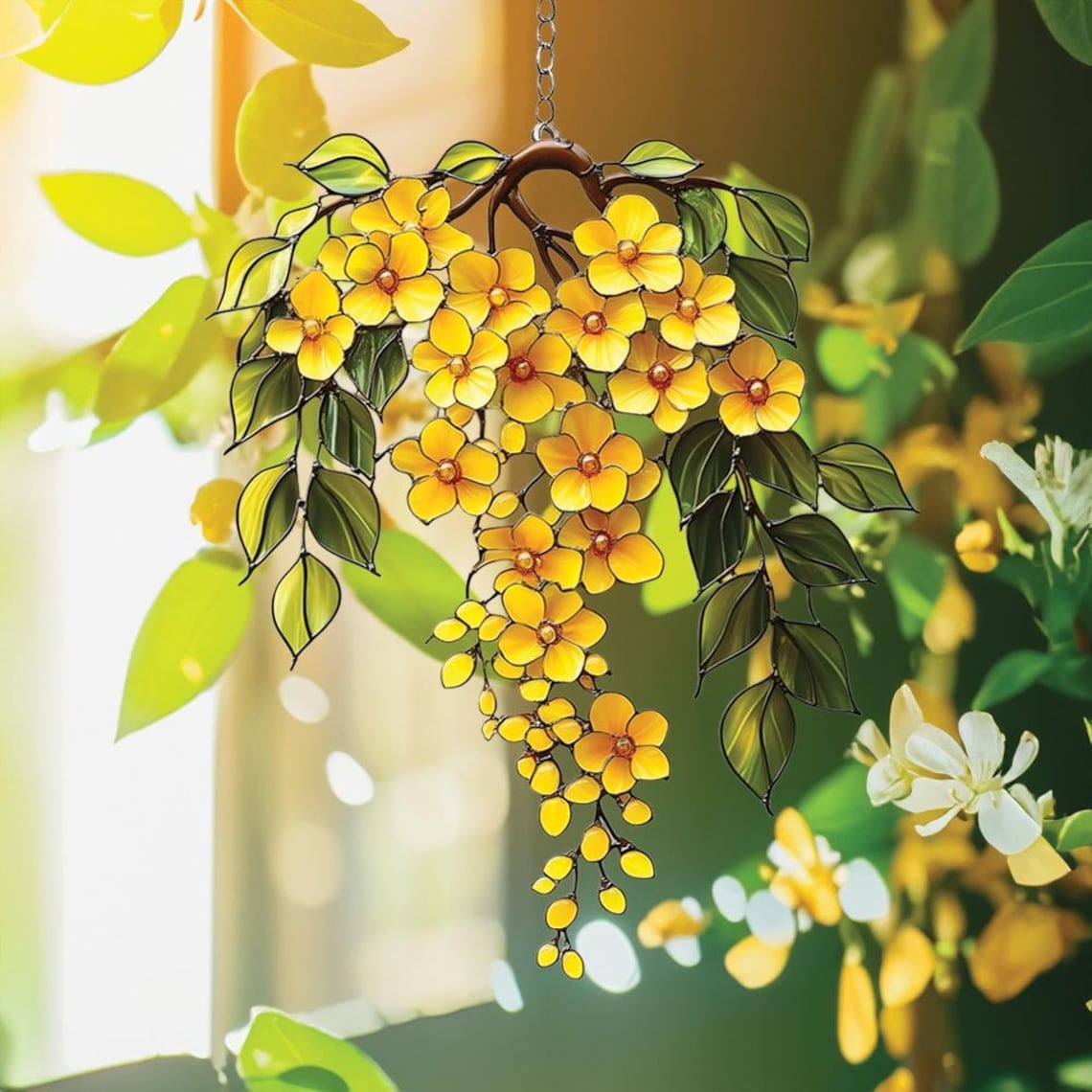 Cascading Yellow Flower Acrylic Suncatcher – Faux Stained Glass Window Hanging with Green Leaves, Sunny Garden Decor for Floral Lovers