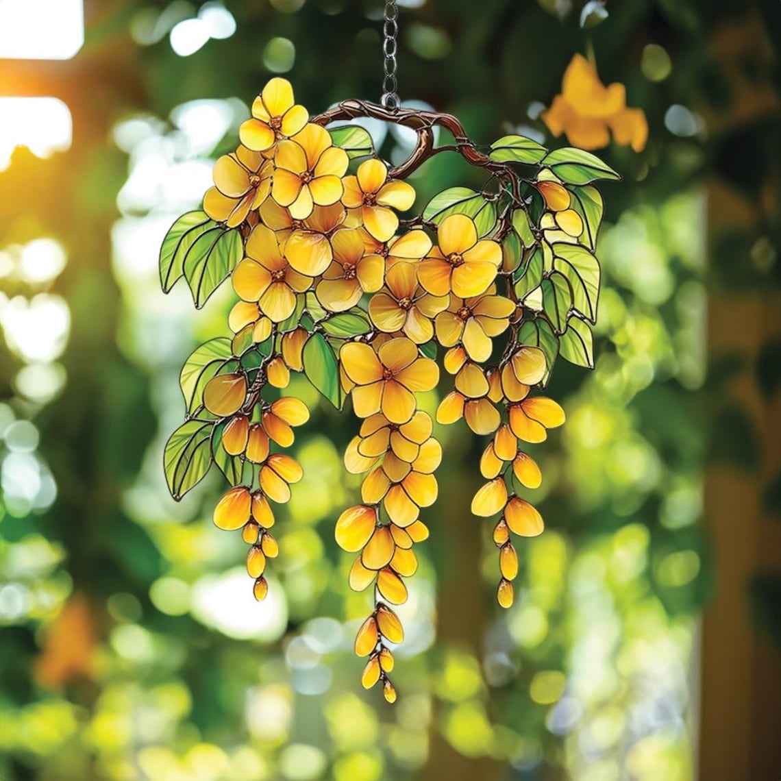 Cascading Yellow Flower Acrylic Suncatcher – Faux Stained Glass Window Hanging with Green Leaves, Sunny Garden Decor for Floral Lovers