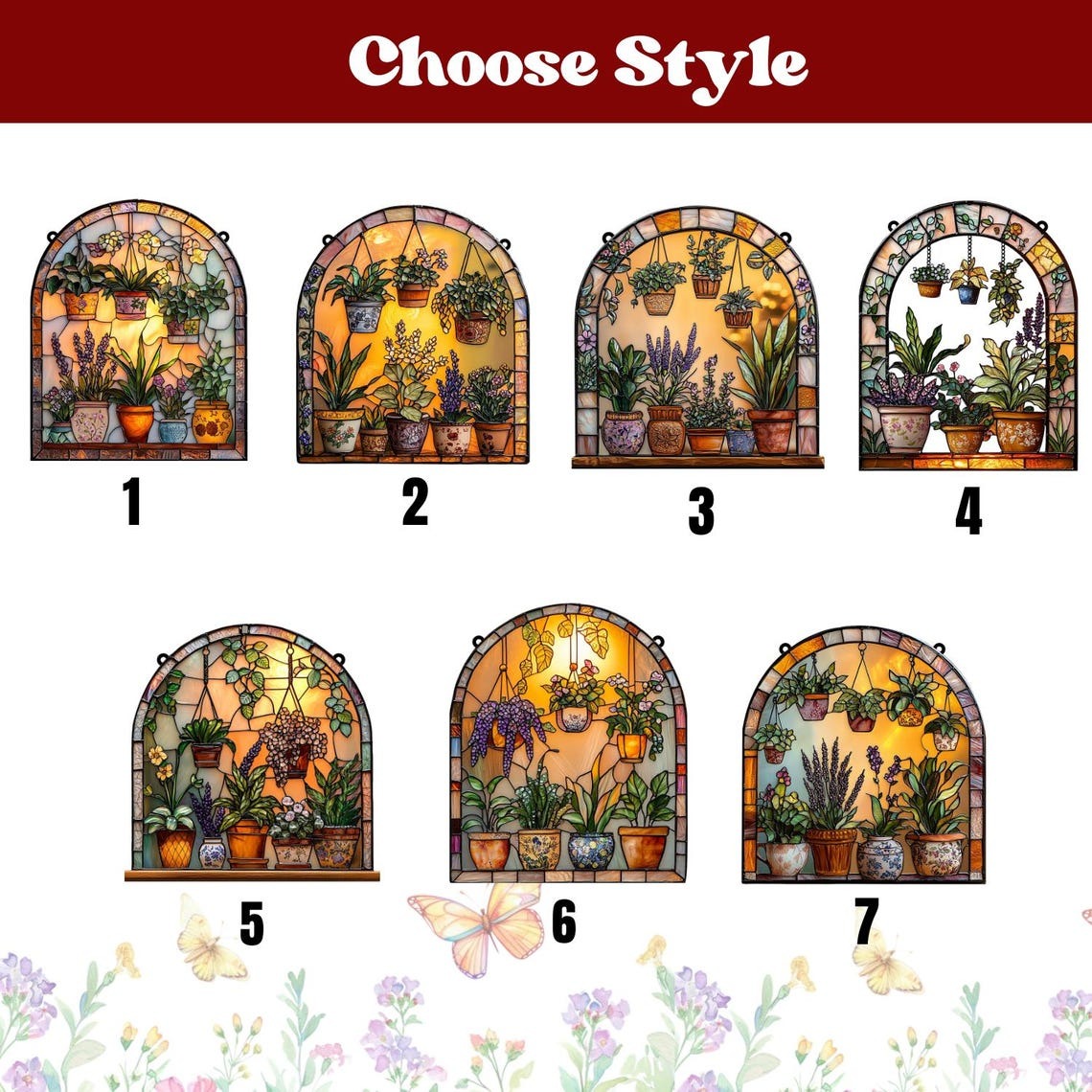 Botanical Faux Stained Glass 2D FLAT Suncatcher Acrylic Window Hanging with Colorful Potted Plants