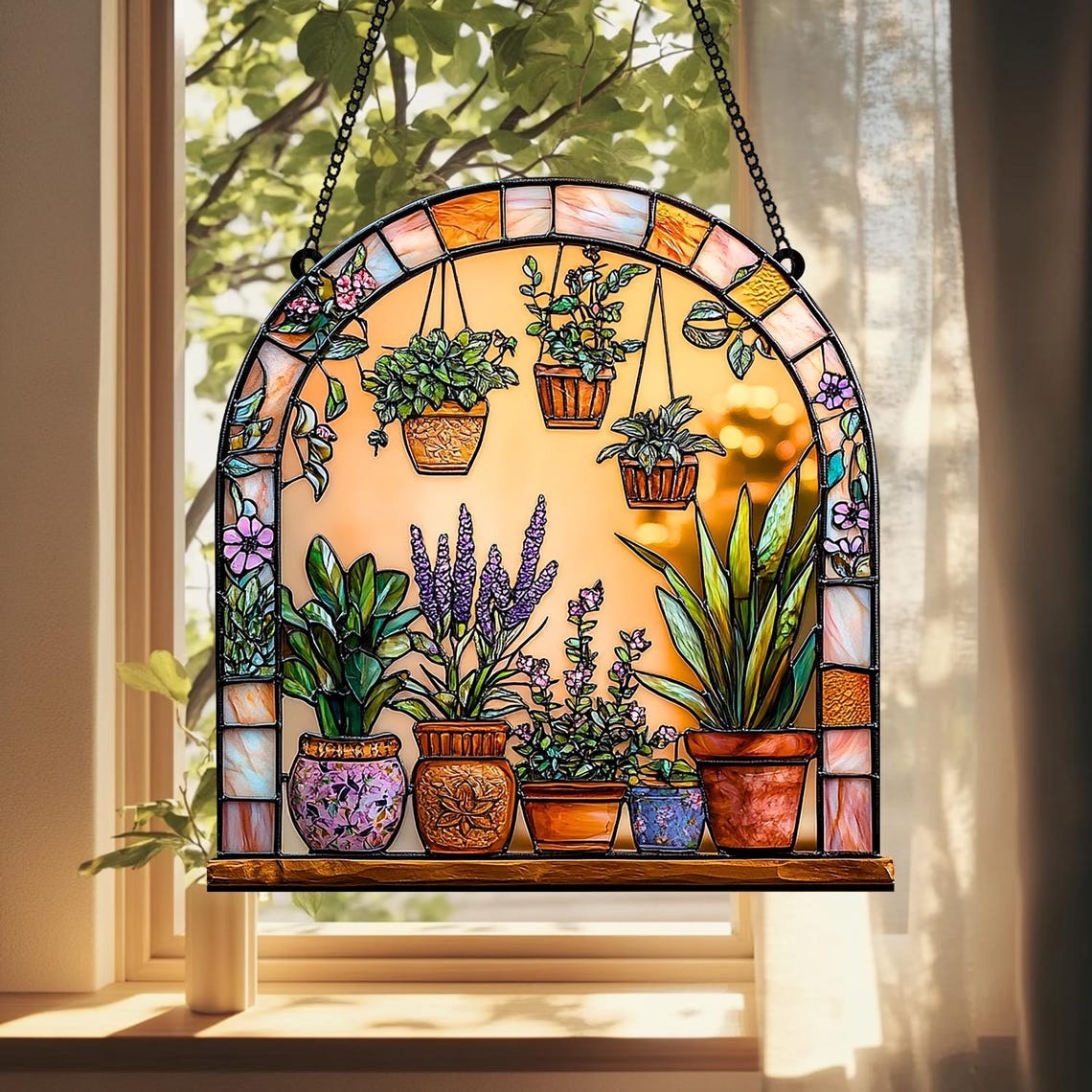 Botanical Faux Stained Glass 2D FLAT Suncatcher Acrylic Window Hanging with Colorful Potted Plants