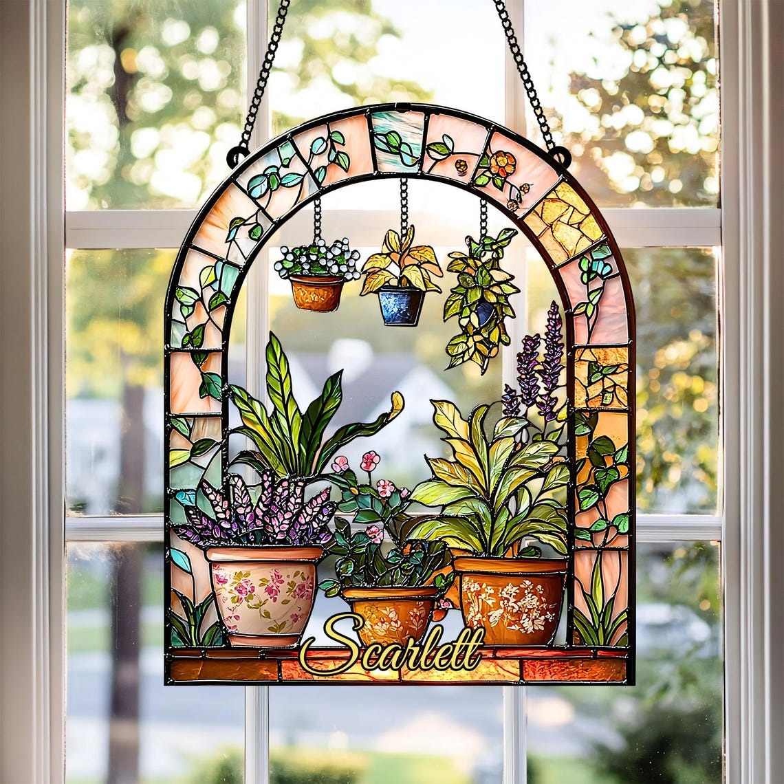 Botanical Faux Stained Glass 2D FLAT Suncatcher Acrylic Window Hanging with Colorful Potted Plants