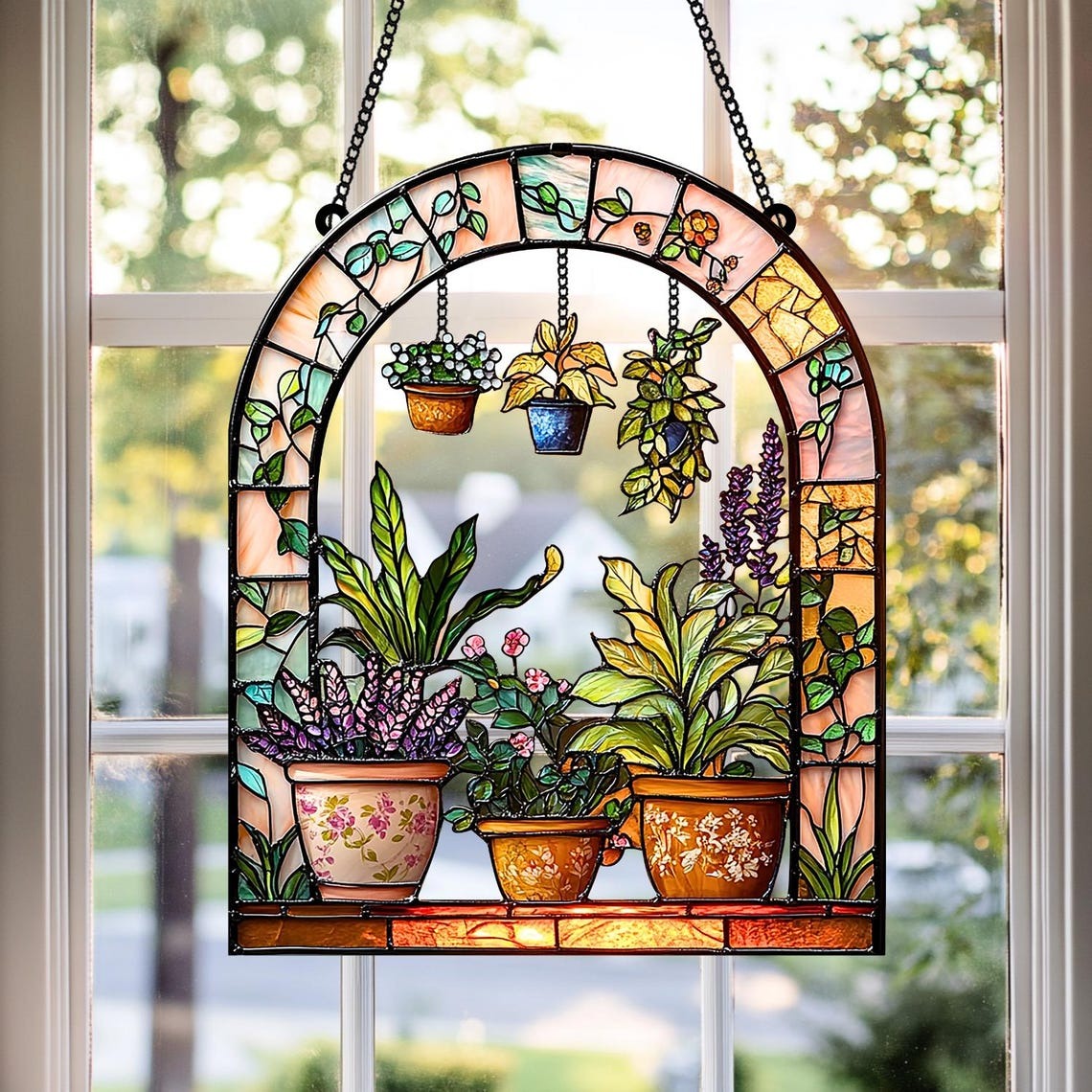 Botanical Faux Stained Glass 2D FLAT Suncatcher Acrylic Window Hanging with Colorful Potted Plants