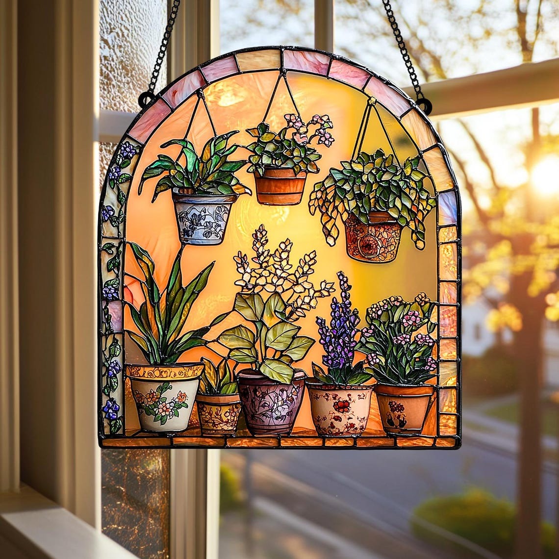 Botanical Faux Stained Glass 2D FLAT Suncatcher Acrylic Window Hanging with Colorful Potted Plants