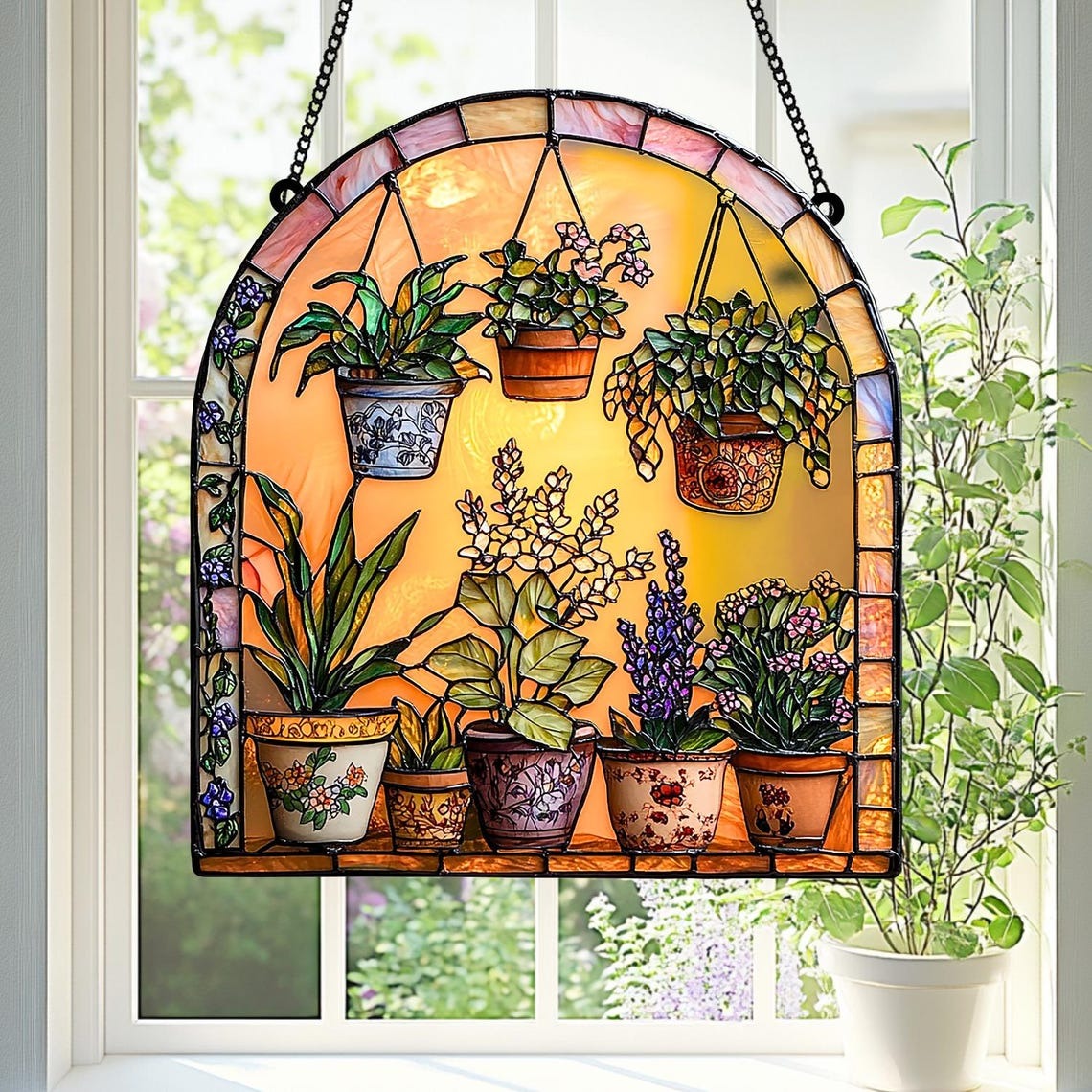 Botanical Faux Stained Glass 2D FLAT Suncatcher Acrylic Window Hanging with Colorful Potted Plants