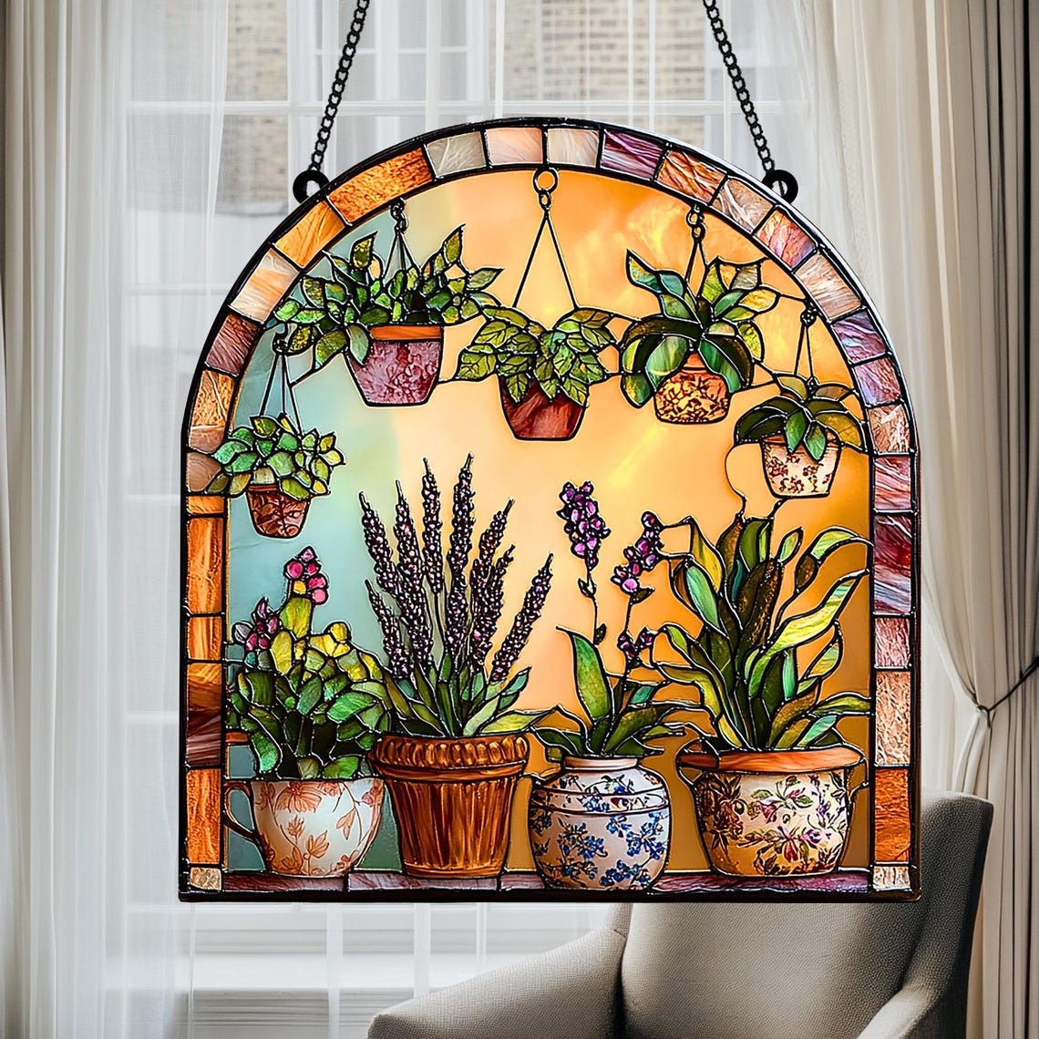 Botanical Faux Stained Glass 2D FLAT Suncatcher Acrylic Window Hanging with Colorful Potted Plants
