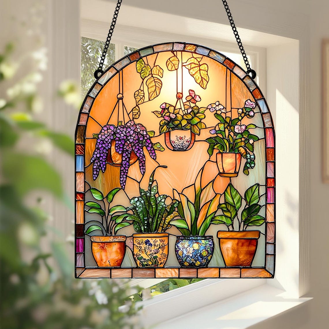 Botanical Faux Stained Glass 2D FLAT Suncatcher Acrylic Window Hanging with Colorful Potted Plants
