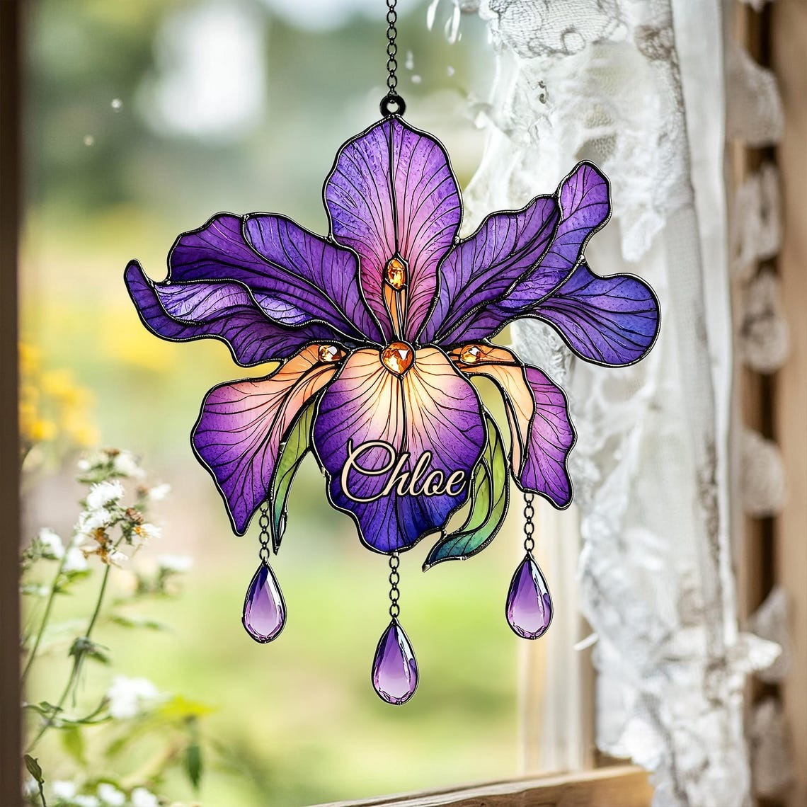 February Birth Flower Iris Suncatcher, Purple Iris Faux Stained Glass Window Hanging, Acrylic Floral Charm for Nature-Loving Gift Ideas