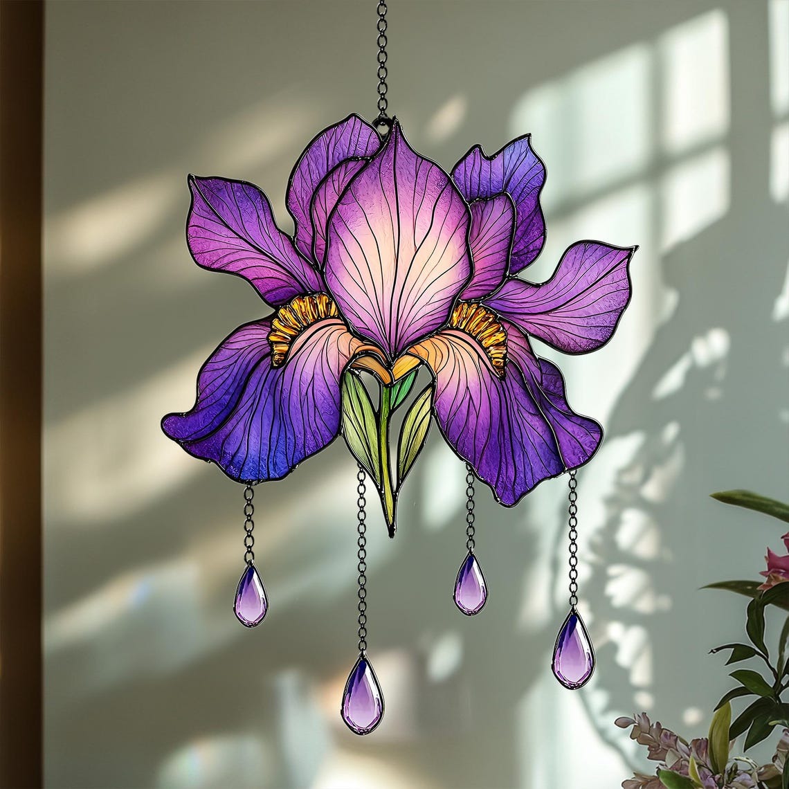 February Birth Flower Iris Suncatcher, Purple Iris Faux Stained Glass Window Hanging, Acrylic Floral Charm for Nature-Loving Gift Ideas