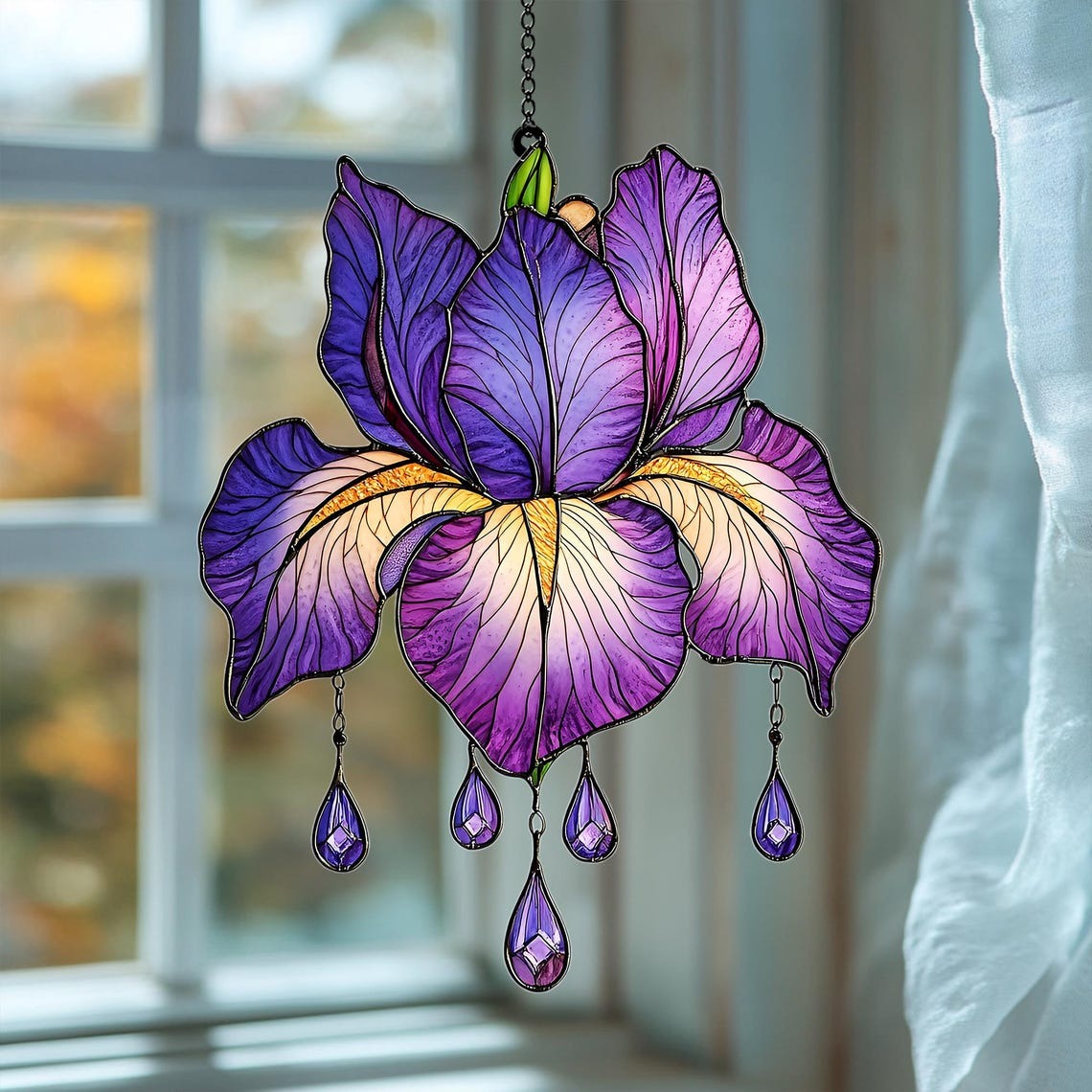 February Birth Flower Iris Suncatcher, Purple Iris Faux Stained Glass Window Hanging, Acrylic Floral Charm for Nature-Loving Gift Ideas