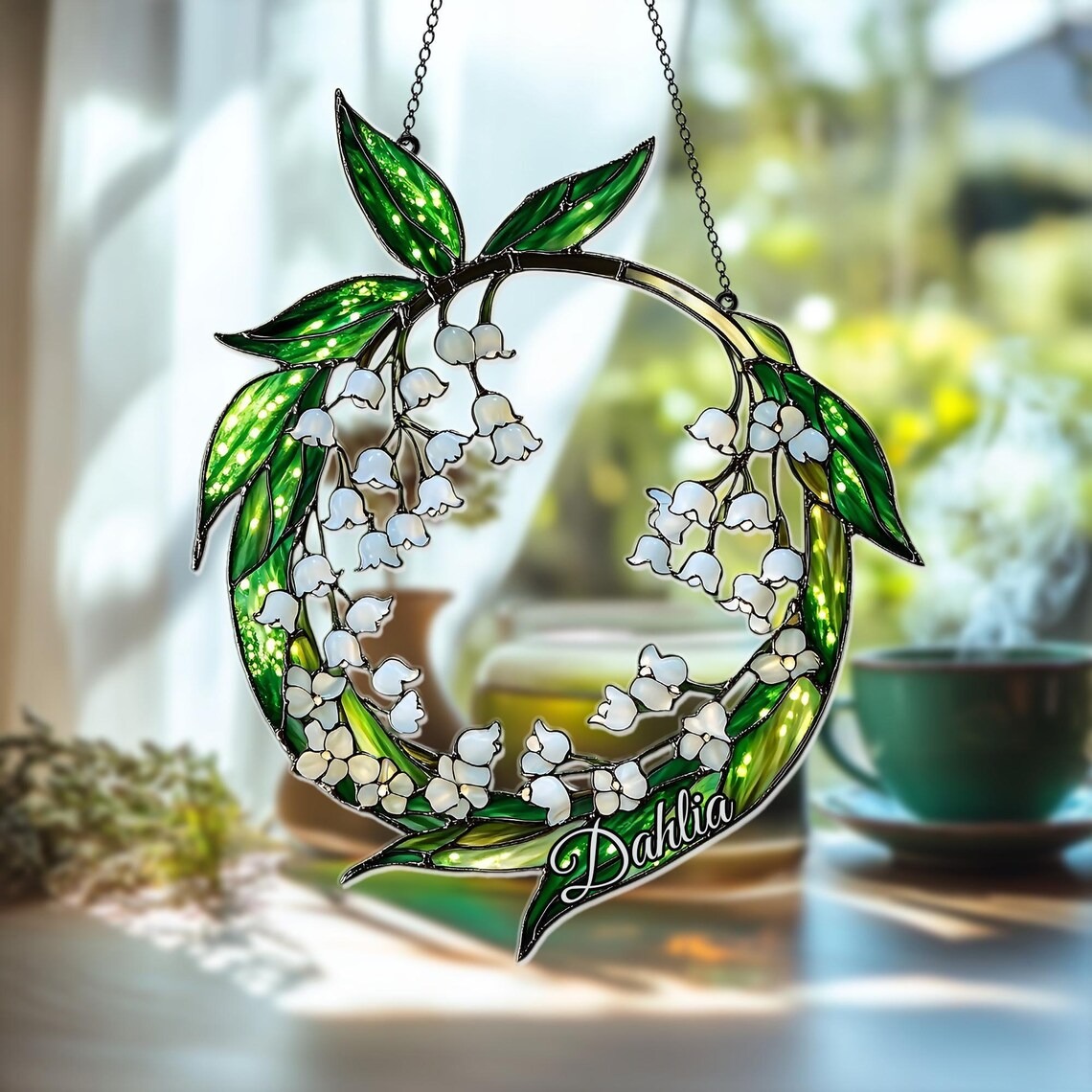 Delicate Lily of the Valley Wreath Faux Stained Glass Suncatcher – Elegant Acrylic/Resin Hanging Window Panel for Nature,Garden Spring Decor