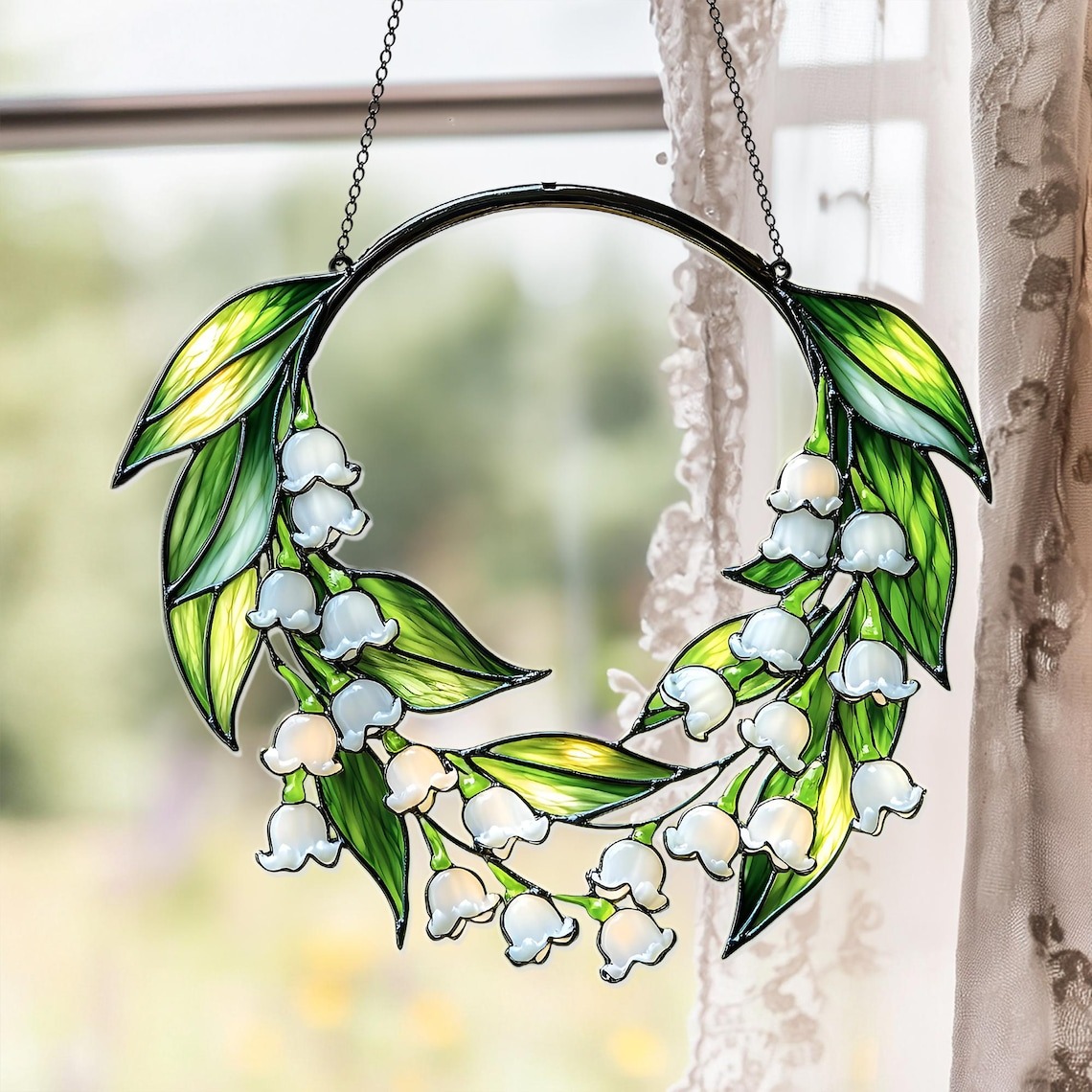 Delicate Lily of the Valley Wreath Faux Stained Glass Suncatcher – Elegant Acrylic/Resin Hanging Window Panel for Nature,Garden Spring Decor