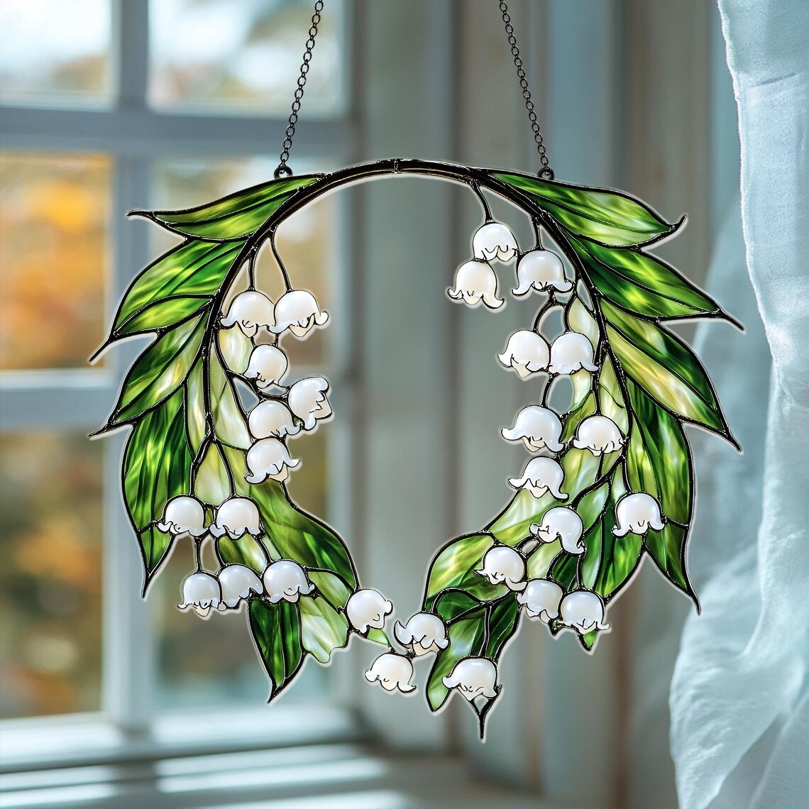 Delicate Lily of the Valley Wreath Faux Stained Glass Suncatcher – Elegant Acrylic/Resin Hanging Window Panel for Nature,Garden Spring Decor