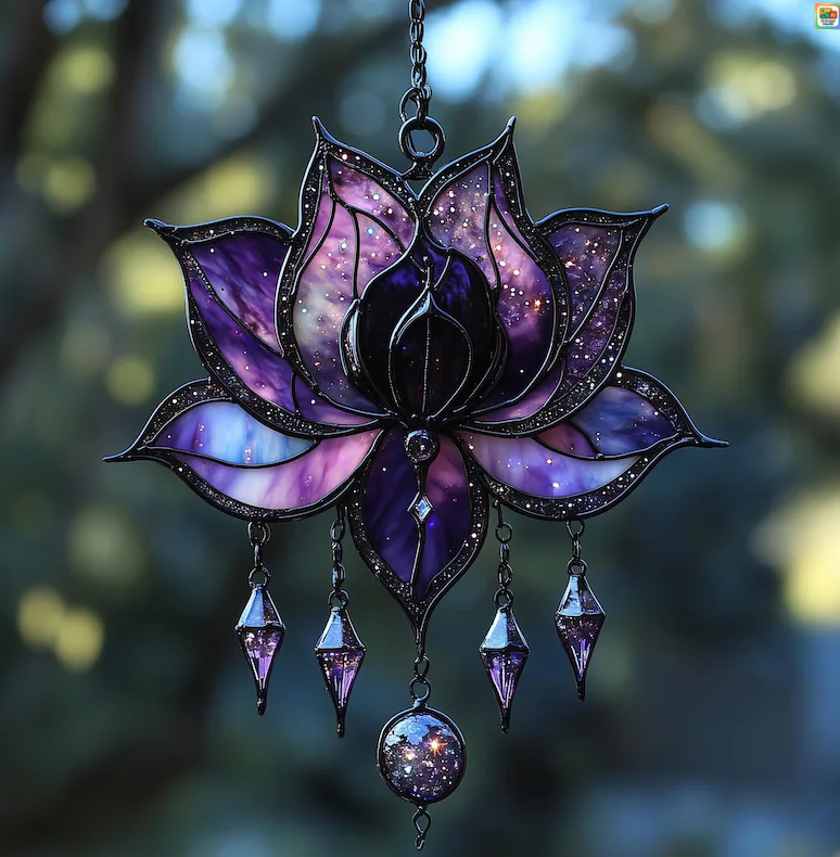 Galaxy Lotus Acrylic 2D FLAT Suncatcher Celestial Faux Stained Glass Window Hanging With Droplet Charms, Boho Meditation Decor Gift