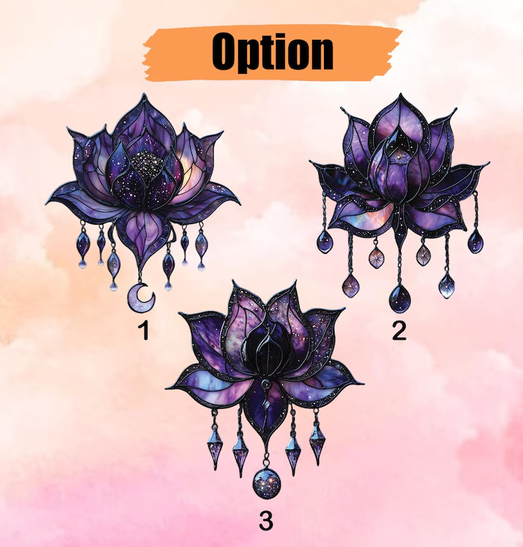 Galaxy Lotus Acrylic 2D FLAT Suncatcher Celestial Faux Stained Glass Window Hanging With Droplet Charms, Boho Meditation Decor Gift