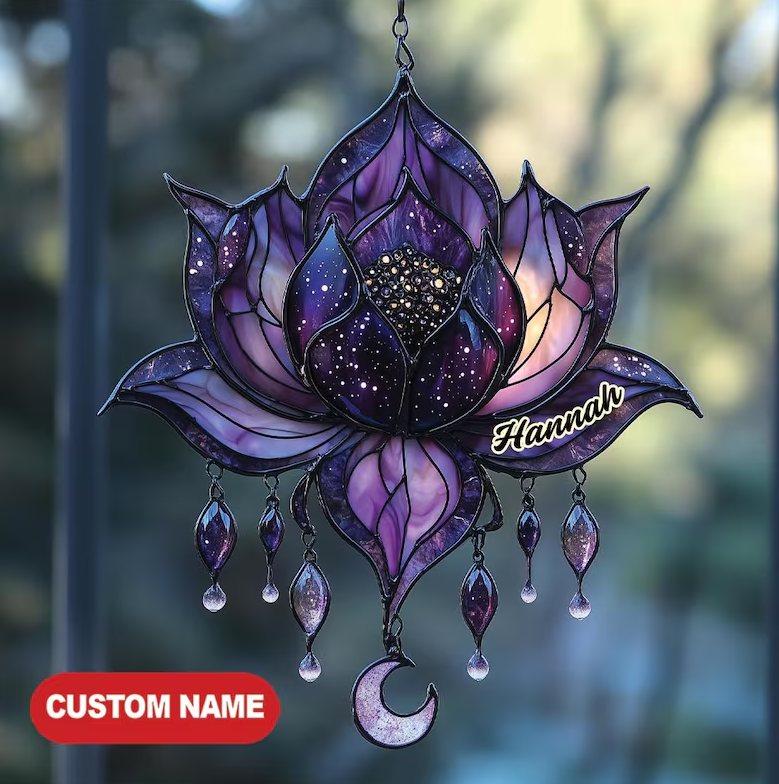 Galaxy Lotus Acrylic 2D FLAT Suncatcher Celestial Faux Stained Glass Window Hanging With Droplet Charms, Boho Meditation Decor Gift