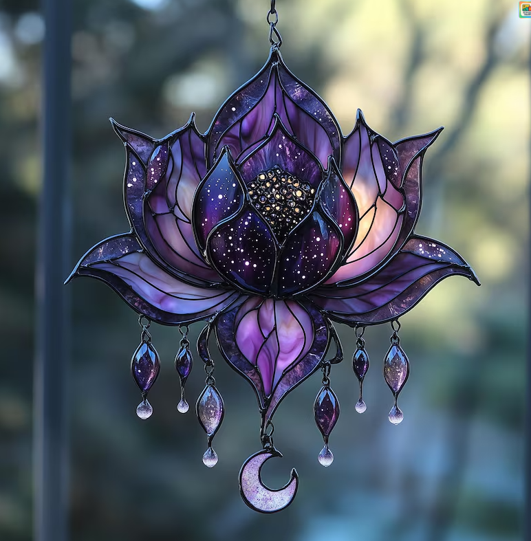 Galaxy Lotus Acrylic 2D FLAT Suncatcher Celestial Faux Stained Glass Window Hanging With Droplet Charms, Boho Meditation Decor Gift