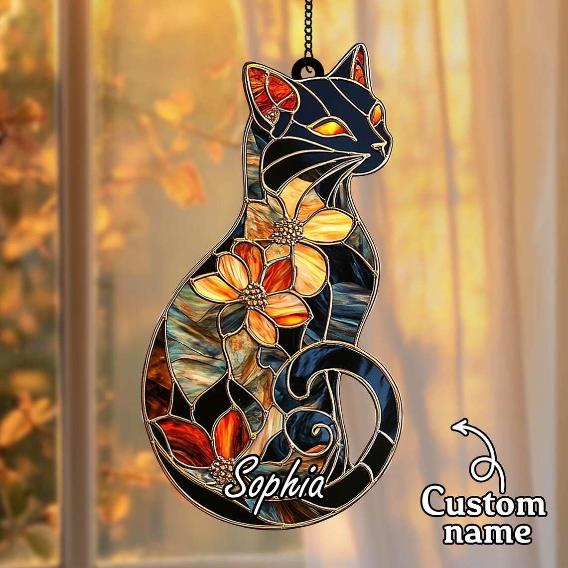 Black Cat & Flower ACRYLIC/ RESIN Suncatcher,Faux Stained Glass Window Hanging,Cat Art Decor, Perfect Birthday Gift for Cat Lover Home Decor