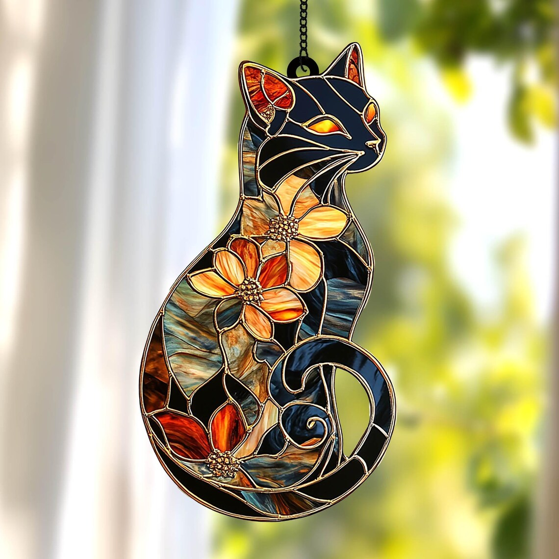 Black Cat & Flower ACRYLIC/ RESIN Suncatcher,Faux Stained Glass Window Hanging,Cat Art Decor, Perfect Birthday Gift for Cat Lover Home Decor