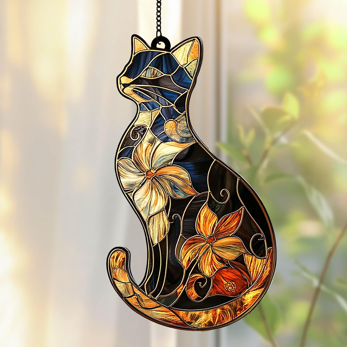 Black Cat & Flower ACRYLIC/ RESIN Suncatcher,Faux Stained Glass Window Hanging,Cat Art Decor, Perfect Birthday Gift for Cat Lover Home Decor
