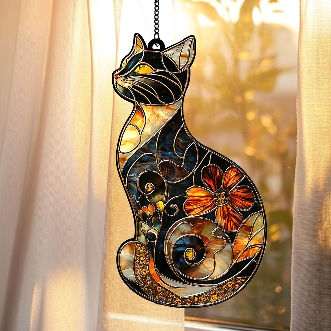 Black Cat & Flower ACRYLIC/ RESIN Suncatcher,Faux Stained Glass Window Hanging,Cat Art Decor, Perfect Birthday Gift for Cat Lover Home Decor