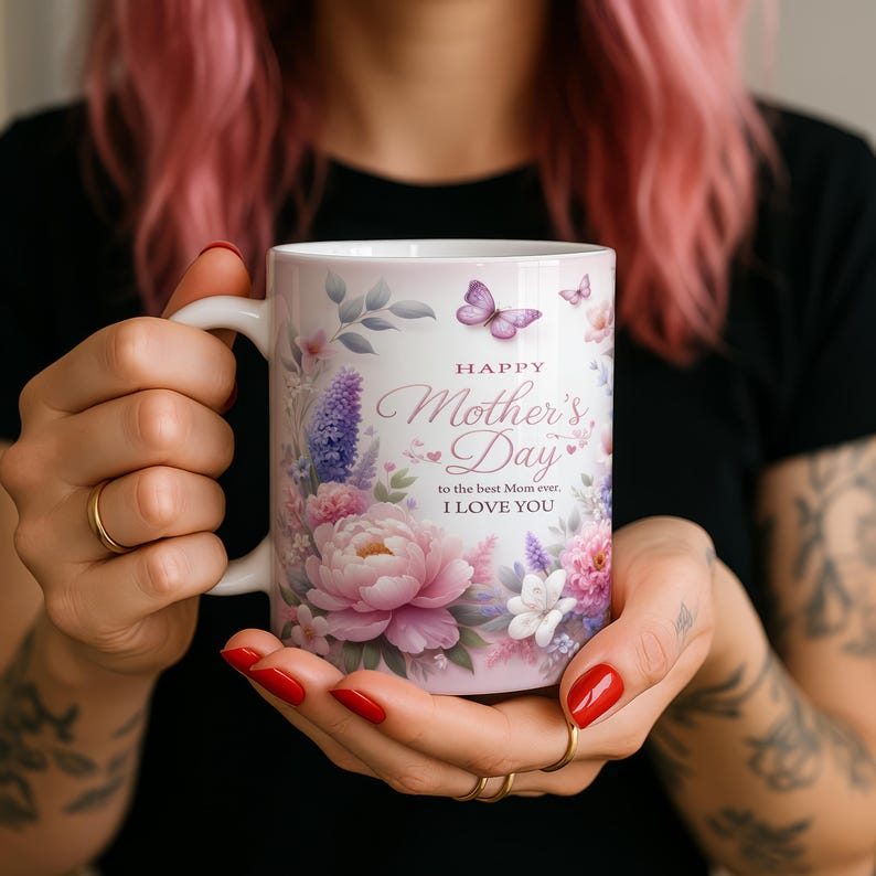 Happy Mother's Day Mug, Best Mom Ever Floral Coffee Mug, Butterfly Mom Cup, Gift for Mom