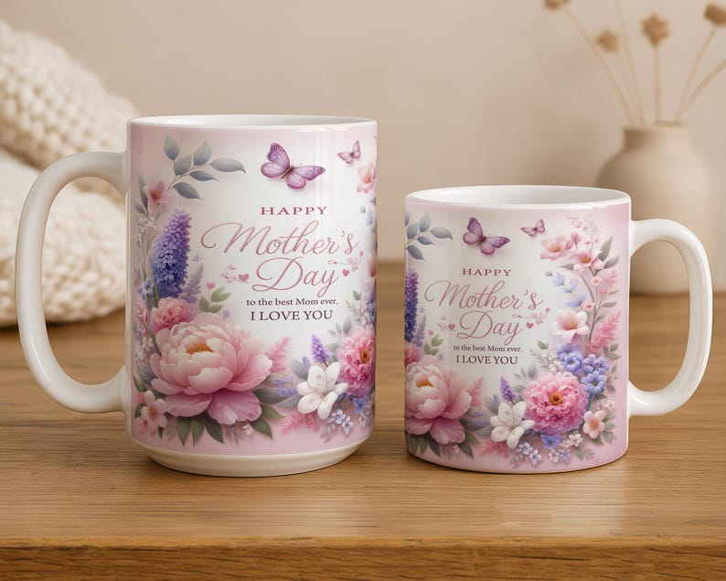 Happy Mother's Day Mug, Best Mom Ever Floral Coffee Mug, Butterfly Mom Cup, Gift for Mom