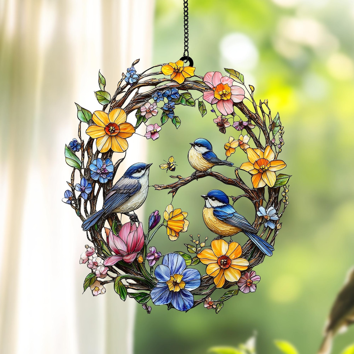 Spring Bird Wreath Acrylic Suncatcher Faux Stained Glass Window Hanging with Bluebirds, Wildflowers, and Butterflies,Nature-Inspired Decor