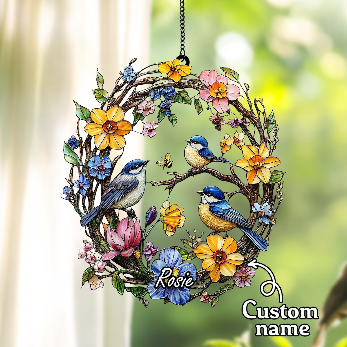 Spring Bird Wreath Acrylic Suncatcher Faux Stained Glass Window Hanging with Bluebirds, Wildflowers, and Butterflies,Nature-Inspired Decor