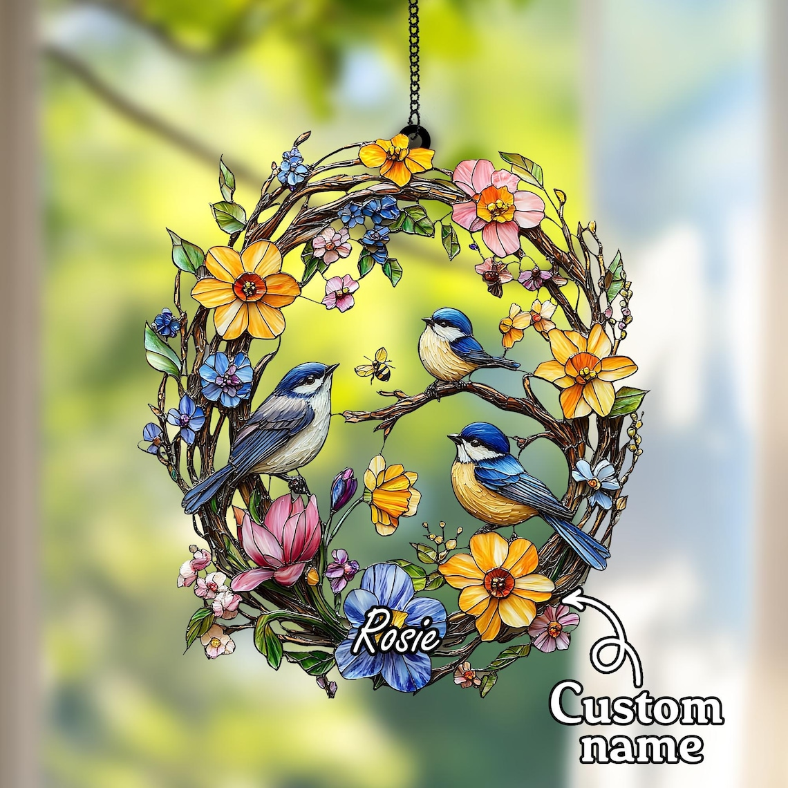 Spring Bird Wreath Acrylic Suncatcher Faux Stained Glass Window Hanging with Bluebirds, Wildflowers, and Butterflies,Nature-Inspired Decor