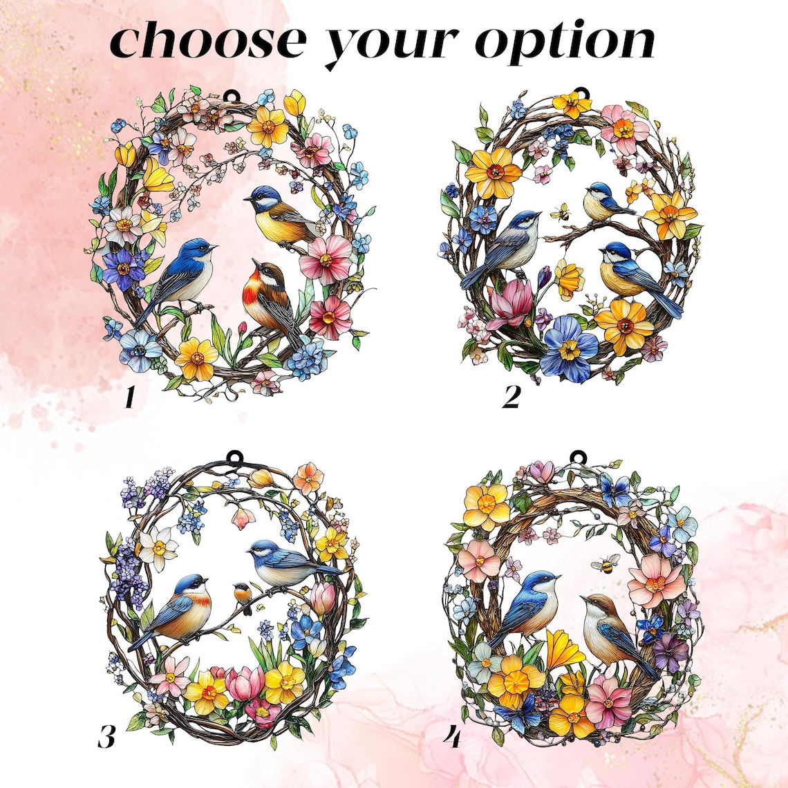 Spring Bird Wreath Acrylic Suncatcher Faux Stained Glass Window Hanging with Bluebirds, Wildflowers, and Butterflies,Nature-Inspired Decor