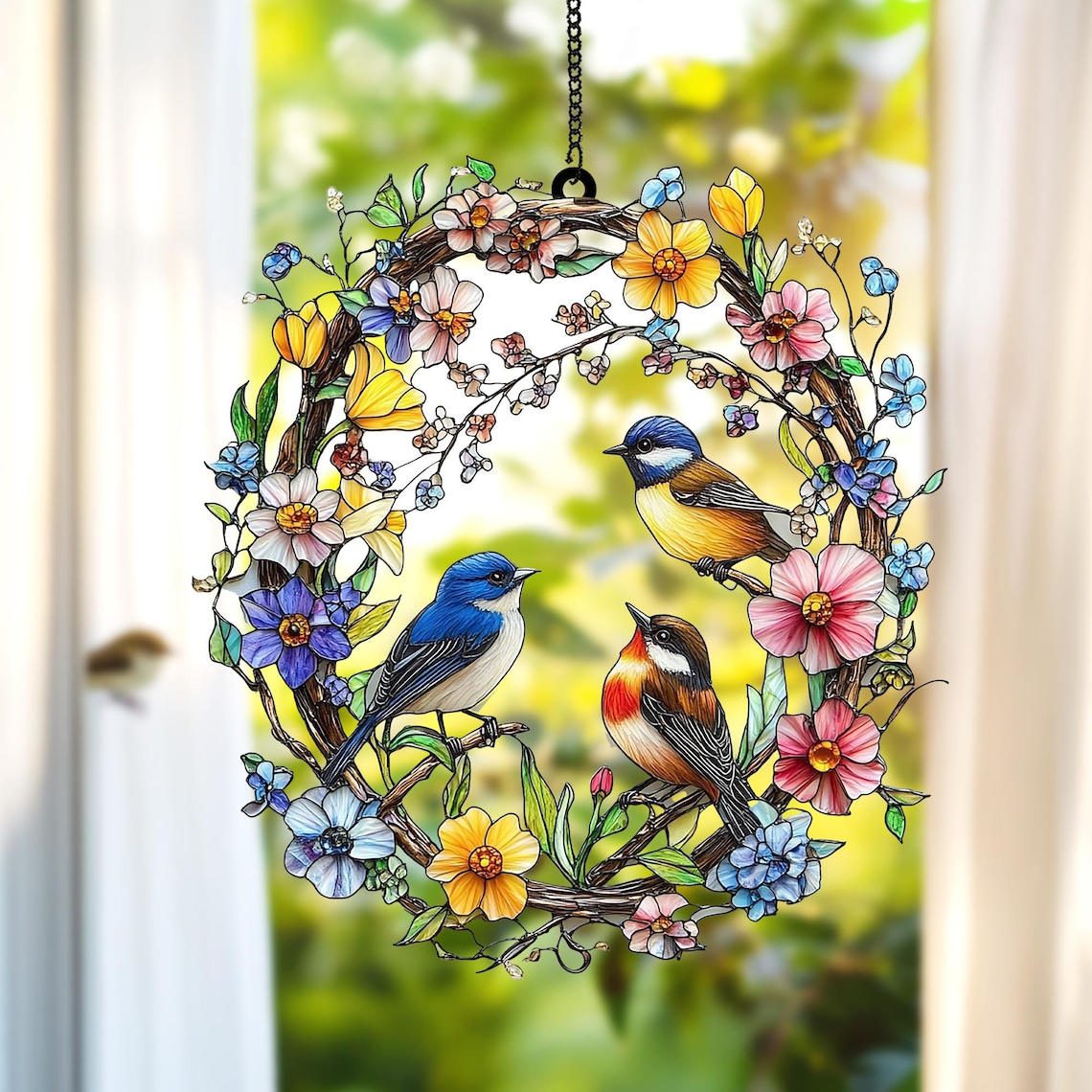 Spring Bird Wreath Acrylic Suncatcher Faux Stained Glass Window Hanging with Bluebirds, Wildflowers, and Butterflies,Nature-Inspired Decor