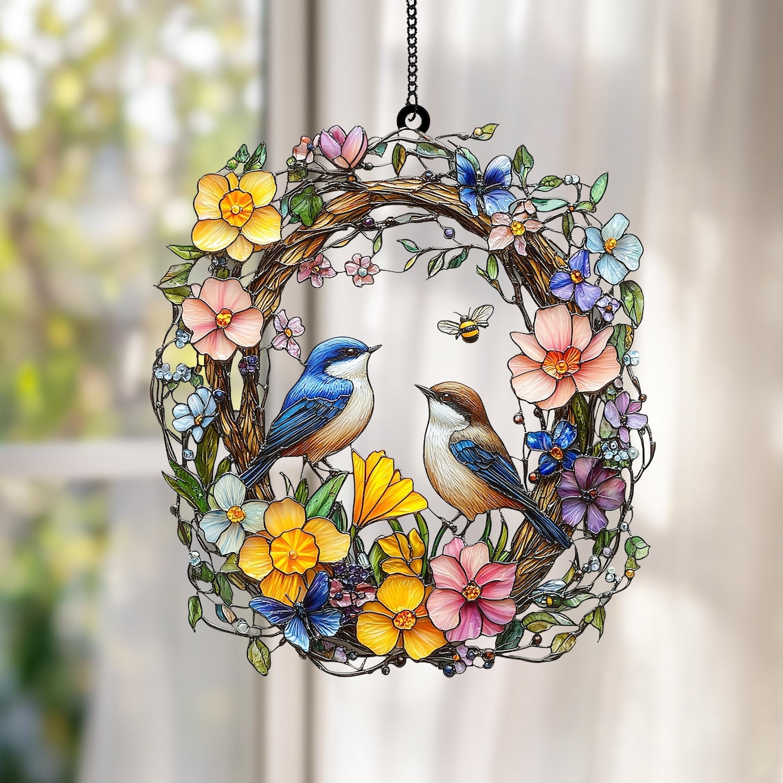 Spring Bird Wreath Acrylic Suncatcher Faux Stained Glass Window Hanging with Bluebirds, Wildflowers, and Butterflies,Nature-Inspired Decor
