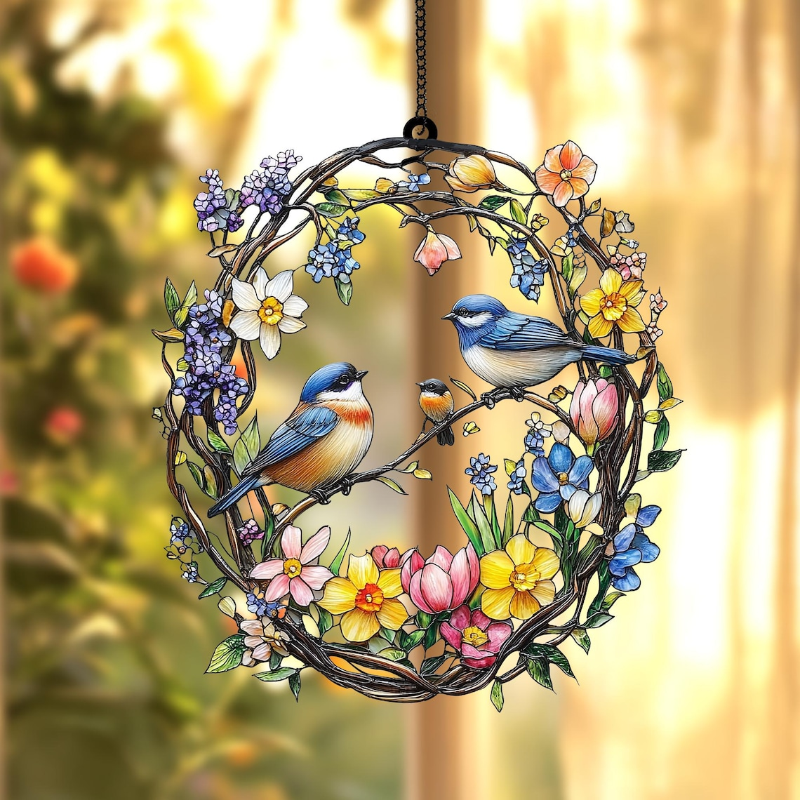 Spring Bird Wreath Acrylic Suncatcher Faux Stained Glass Window Hanging with Bluebirds, Wildflowers, and Butterflies,Nature-Inspired Decor