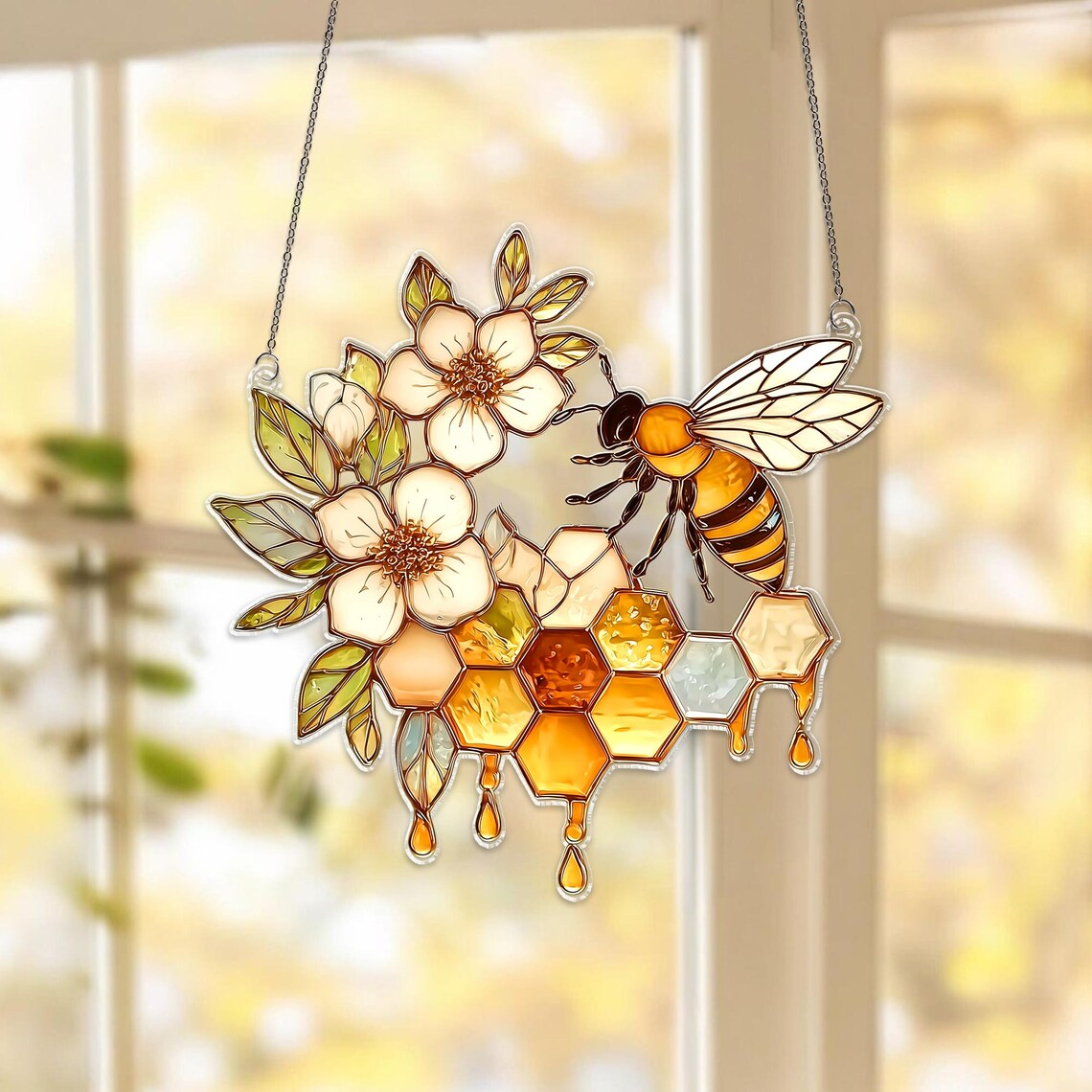 Bee Honeycomb Suncatcher, Stained Glass Style Window Hanging, Nature Decor