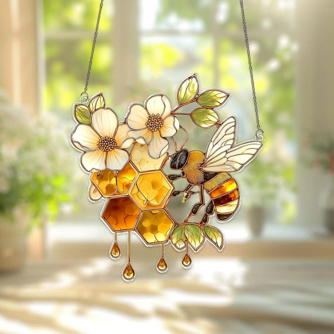 Bee Honeycomb Suncatcher, Stained Glass Style Window Hanging, Nature Decor