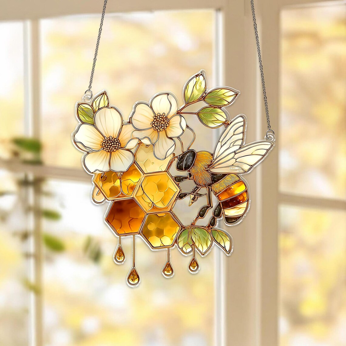 Bee Honeycomb Suncatcher, Stained Glass Style Window Hanging, Nature Decor