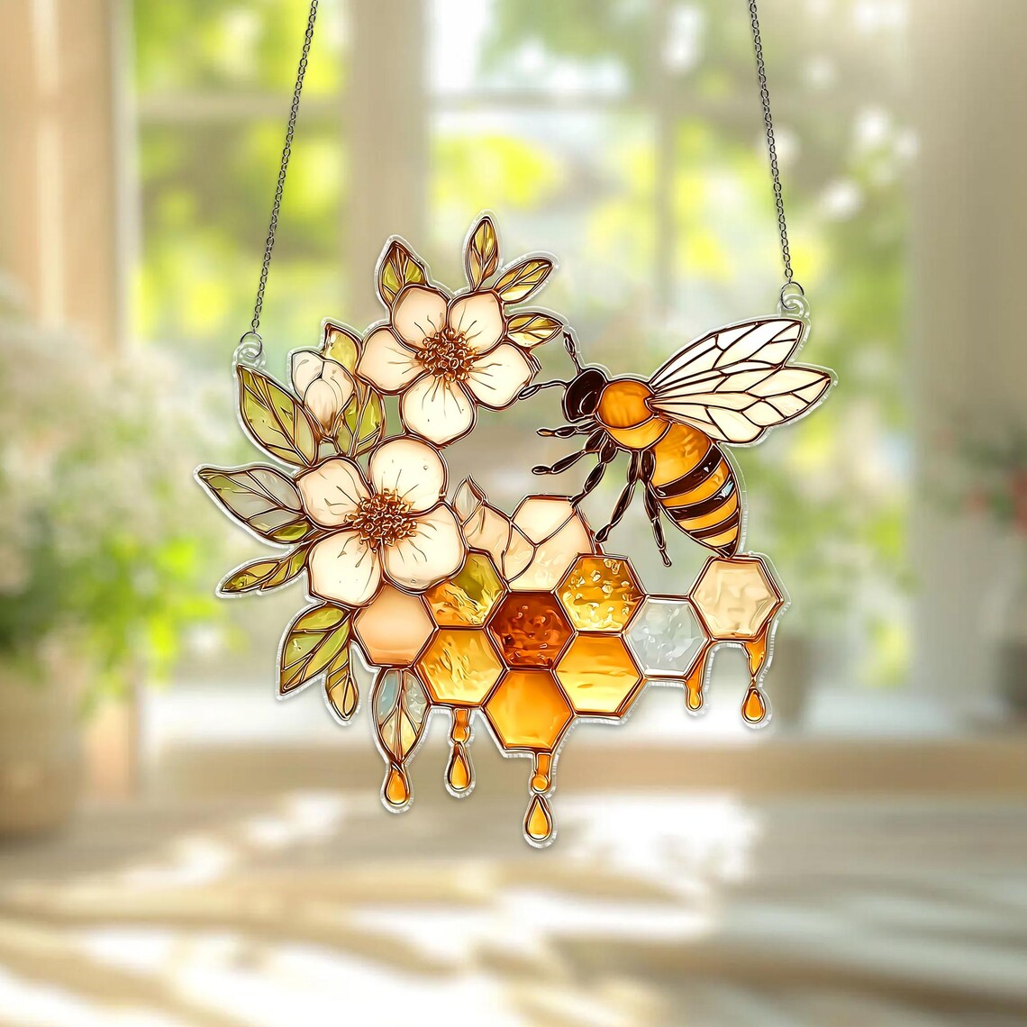 Bee Honeycomb Suncatcher, Stained Glass Style Window Hanging, Nature Decor