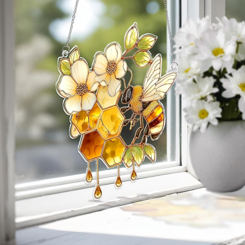 Bee Honeycomb Suncatcher, Stained Glass Style Window Hanging, Nature Decor