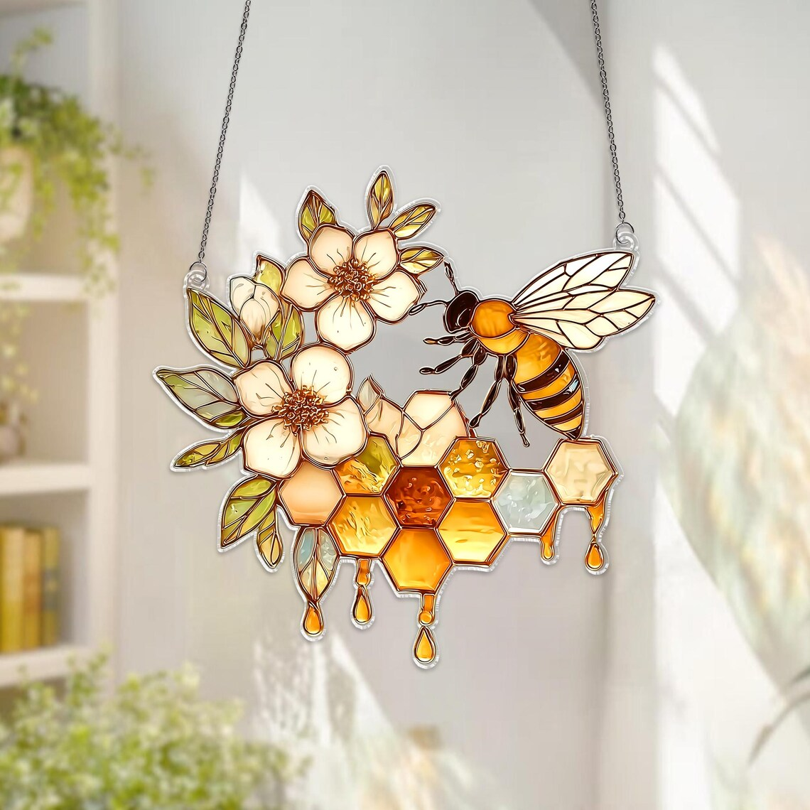 Bee Honeycomb Suncatcher, Stained Glass Style Window Hanging, Nature Decor