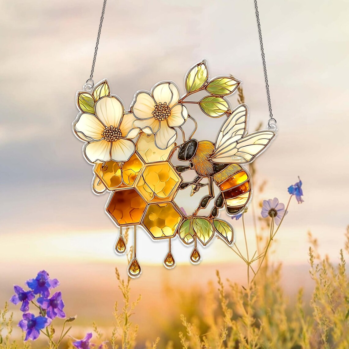 Bee Honeycomb Suncatcher, Stained Glass Style Window Hanging, Nature Decor